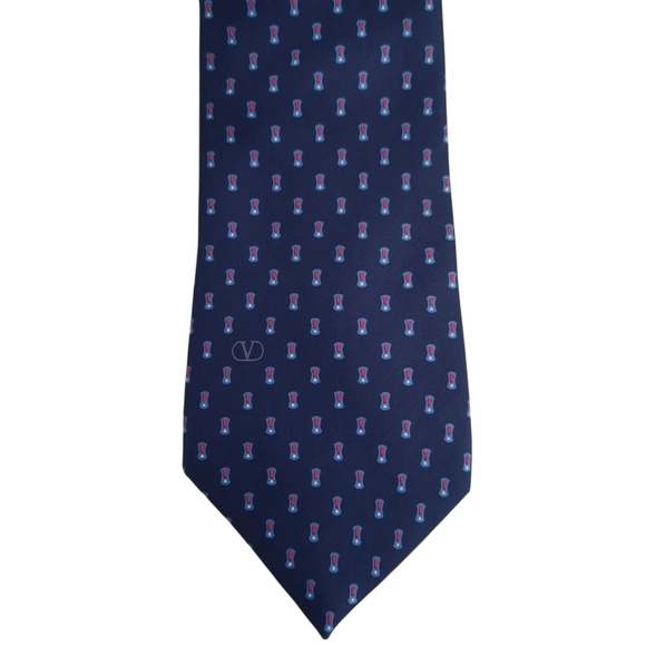 VALENTINO Silk Twill Skinny Necktie V-Logo Geometric Foulard Navy/Multi 3